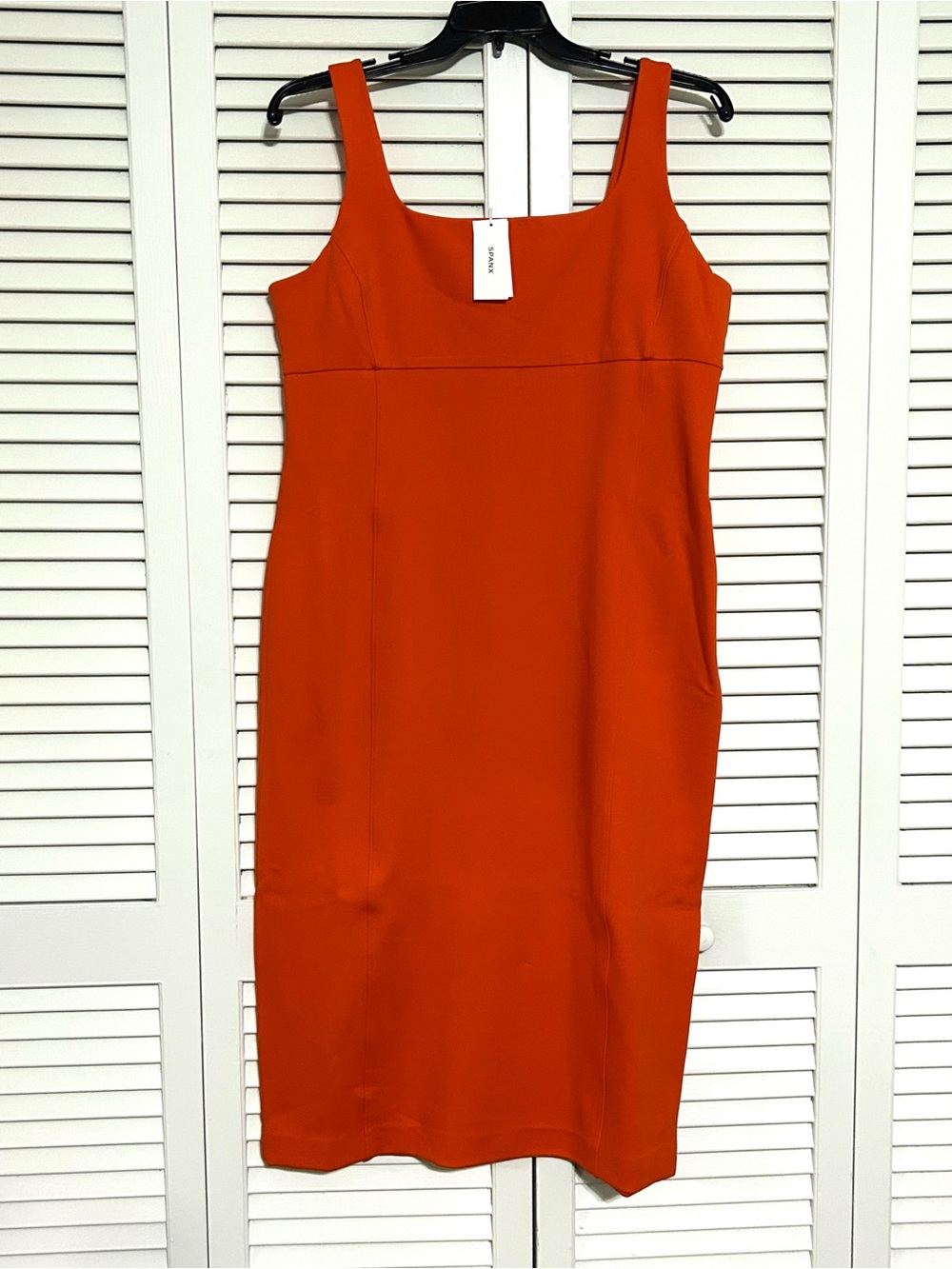 Spanx Ponte shaping slimming orange midi tank dress fall October party holiday
